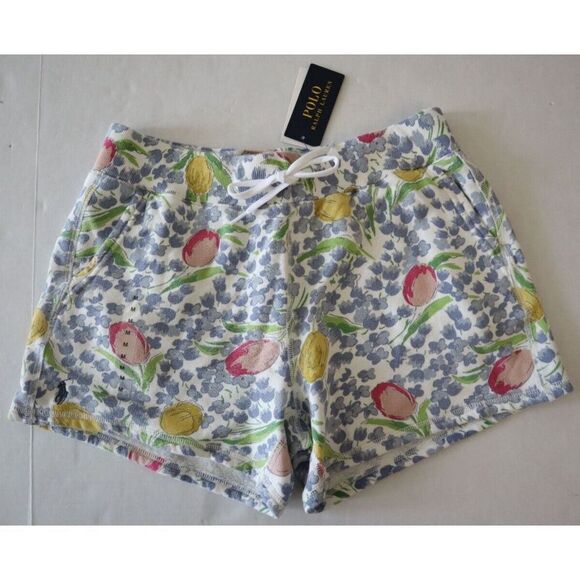 Polo Ralph Lauren Women's Sz M Blue Tulip Print Drawstring Fleece Shorts - Picture 1 of 8
